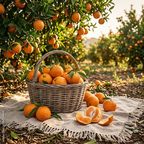Fresh oranges in wicker basket on tree stump in sunlit orchard
