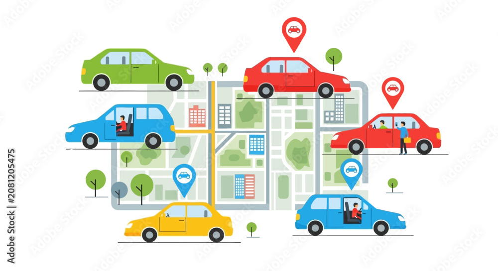Fototapeta premium Concept of ride sharing and navigation services with colorful car icons moving along city street map routes for urban transportation logistics