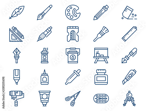 Creative art stationery outline collection presents detailed education craft elements. School supply concept