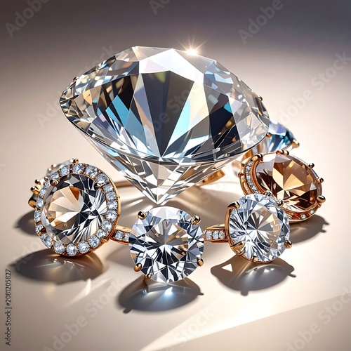 A large diamond surrounded by smaller diamonds on gold jewelry