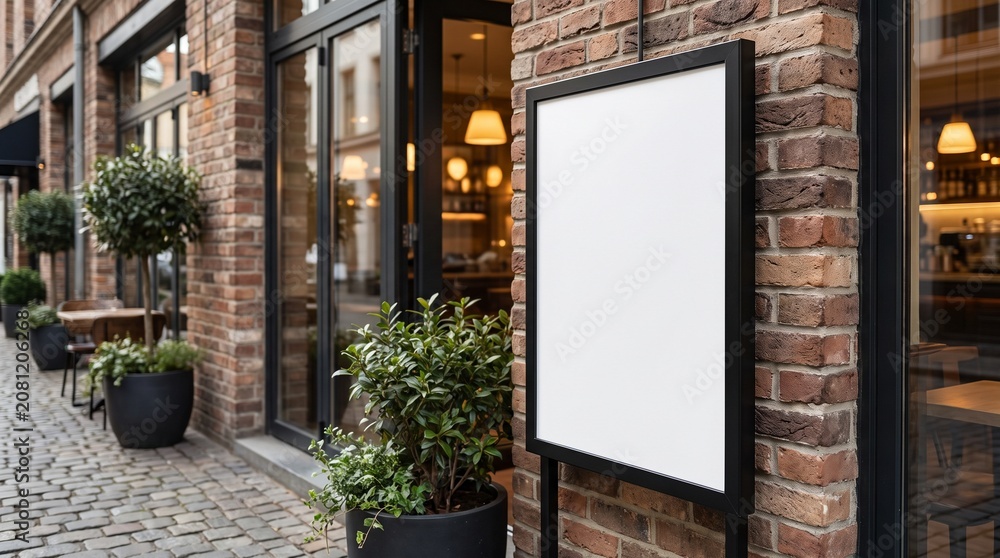 Fototapeta premium Blank Vertical Hanging Storefront Sign Mockup on Modern Building Exterior
