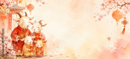Happy Family of Goats Celebrating Lunar New Year in Traditional Garb Surrounded by Cherry Blossoms and Lanterns in Soft Watercolor Style