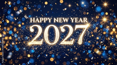 Festive Celebration with Sparkling Lights and Confetti for New Year 2027, Shining Golden Text on a Dark Blue Background, Perfect for Celebratory Events and Greeting Cards