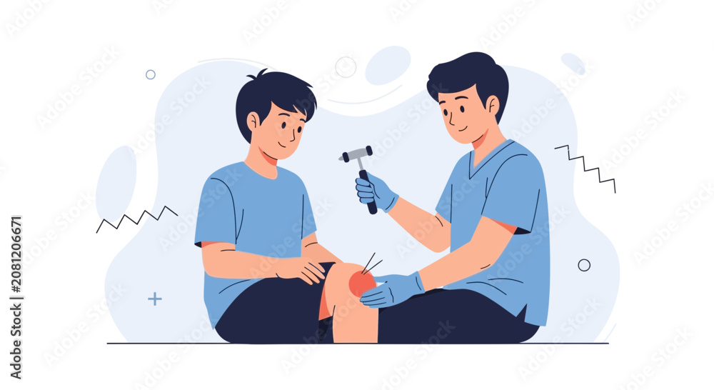 Fototapeta premium Doctor examining a young patient's knee with a reflex hammer, medical illustration