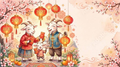 Cheerful goats celebrating Lunar New Year in traditional attire with lanterns and blossoms for the festive year of the rabbit in 2027
