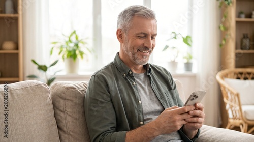 Smiling happy senior mature middle aged man holding cell mobile phone using smartphone sitting at home on couch, scrolling social media, checking financial apps, buying online, texting messages.