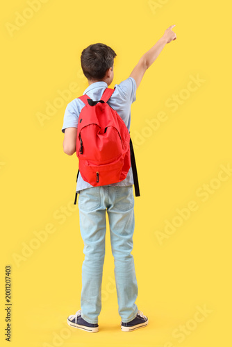 Schoolboy with red backpack pointing somewhere on orange background, back view