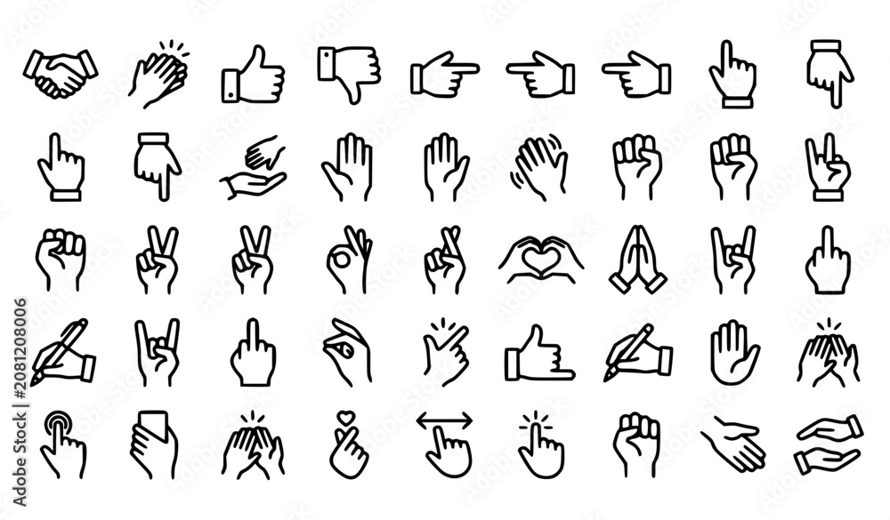 Fototapeta premium Modern Hand Gestures Icon Set with Handshake Thumbs Up Pointing and Communication Line Symbols