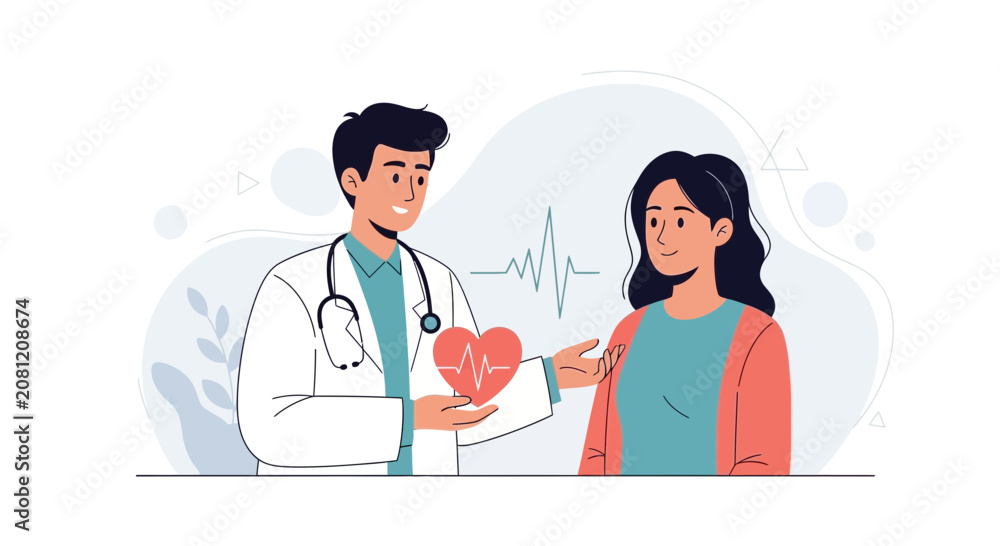 Fototapeta premium Doctor Holding Heart with Cardiogram, Patient Consultation, Healthcare Concept Vector Illustration