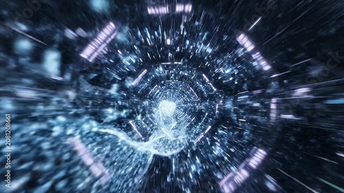 High-speed data transfer through a futuristic digital tunnel with blue neon lights and abstract motion effects