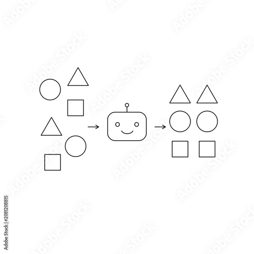 AI Data Organization Icon, Sorting and Structuring Data with Artificial Intelligence, Line Icon｜AIデータ整理アイコン AIによるデータ整理 分類 構造化 線画