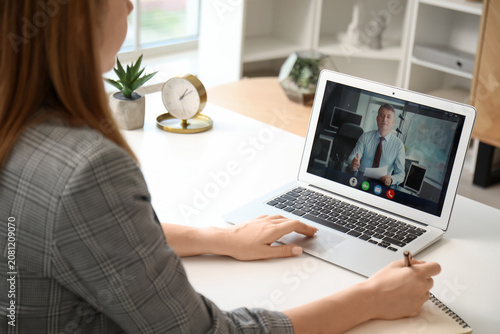 Young woman having job interview online at home  closeup