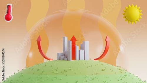 Heat dome infographic featuring a modern city enclosed beneath a transparent atmospheric dome with rising hot air in a clean low poly 3D style, heatwave intensity, urban climate, and global warming.