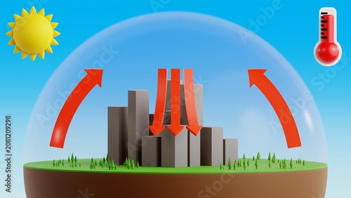 Heat dome infographic showing descending hot air trapped over a modern city beneath a transparent atmospheric dome in a low poly 3D style, explaining heatwave formation, urban heat, climate change.