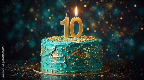 Close up of a turquoise blue birthday cake with a golden number ten candle and sprinkles celebrating a tenth anniversary
