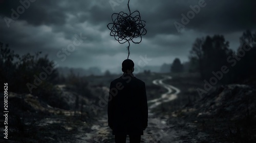 A silhouette of a man standing in a dark landscape with a tangled thought cloud above his head.