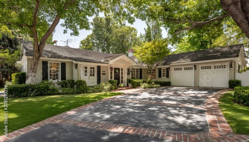 Spacious suburban home with light beige exterior and dark gray roof on a brick driveway