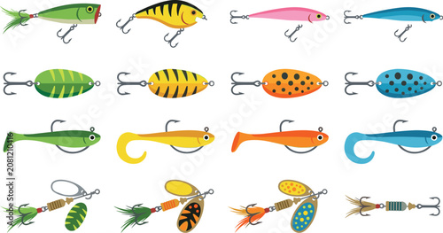 Photos Fishing Lure and Bait Vector Icon Set with Hard Baits, Soft Plastics, Spinners,