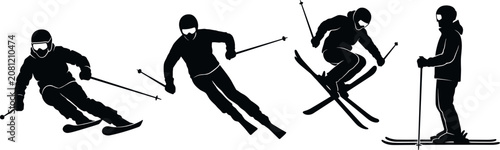 Canvas Print Alpine Skiing Silhouette Set with Downhill Skiers, Freeskiing Jumpers, and Winte
