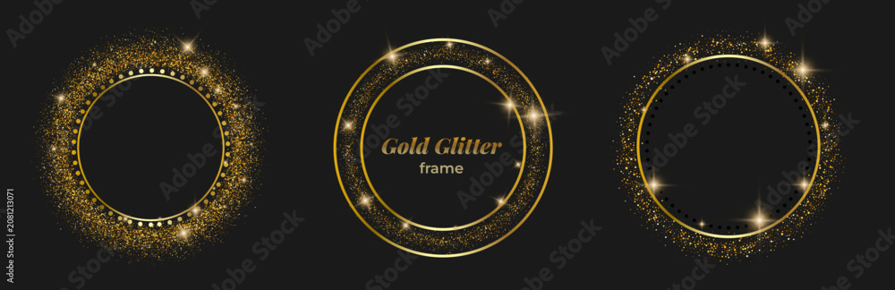 Fototapeta premium Gold glitter circle frame set. Sparkle dust, dotted ring, outline borders. Shiny particle, star burst accents. For luxury banner, award, premium label, logo. Vector glowing elements.
