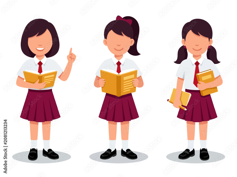 Fototapeta premium Schoolgirls in uniform holding books vector illustration