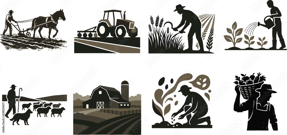 Fototapeta premium Agriculture and farming silhouette icon set vector illustration of traditional and modern farm work isolated on white background