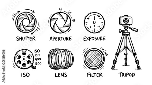 Hand drawn photography icons shutter aperture exposure iso lens filter tripod, black ink sketch vector illustration
