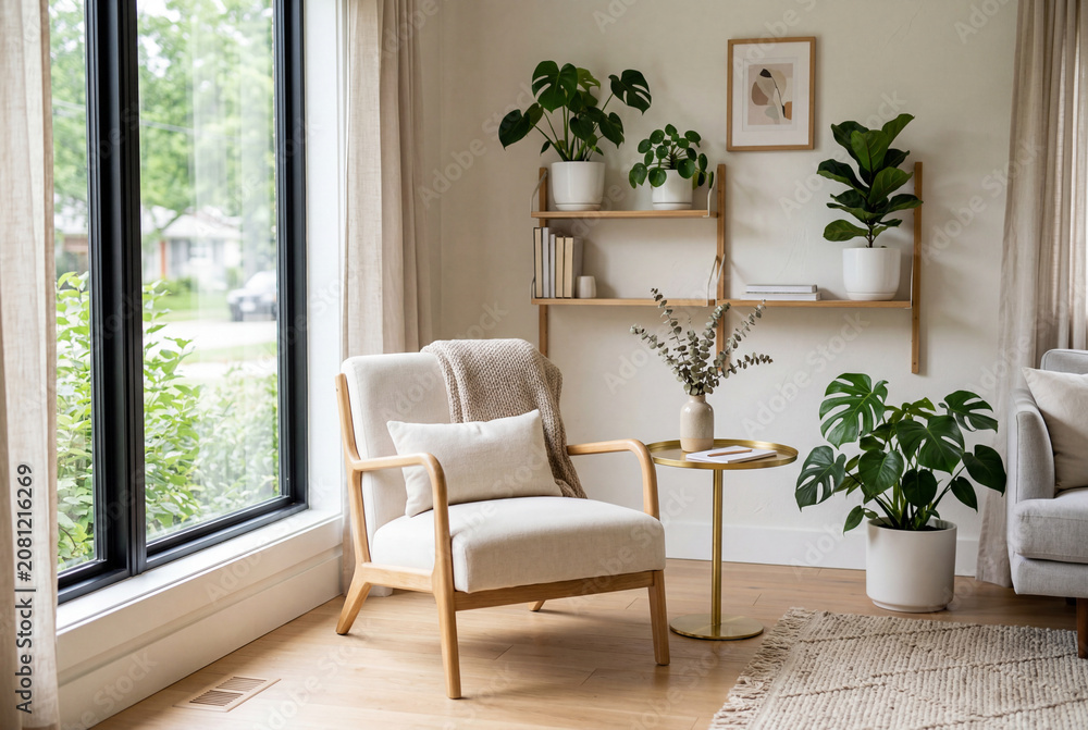 Fototapeta premium Minimalist scandinavian living room interior featuring cream armchair and green plants near window