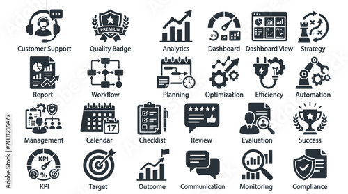 Workplace icons outline operations.