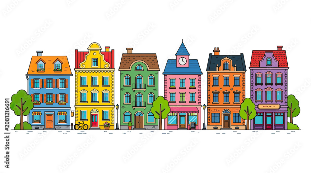 Fototapeta premium Colorful European Townhouse Row with Trees and Streetlamps