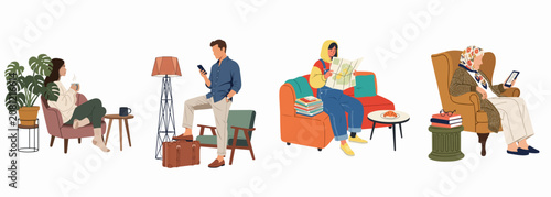 Set of diverse people relaxing at home, reading, using digital devices, and drinking coffee in cozy indoor settings, flat vector illustration.