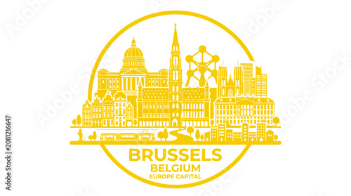 Brussels Cityscape Skyline Silhouette Yellow Circle Icon Landmark Buildings