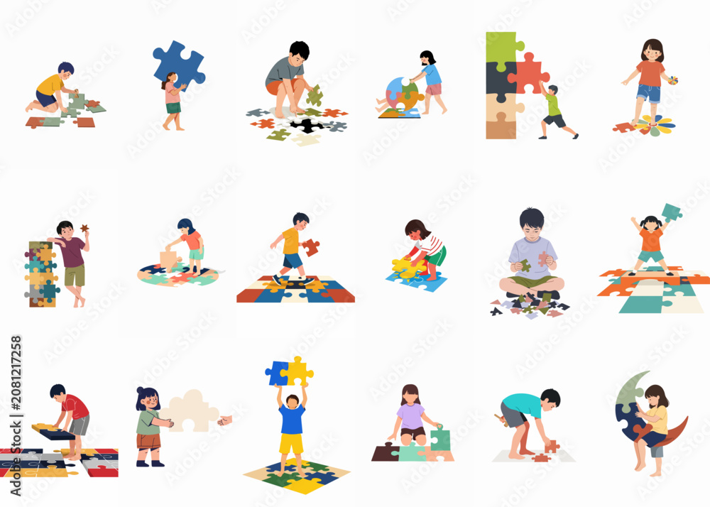 Fototapeta premium Collection of diverse children playing with large jigsaw puzzle pieces, illustrating teamwork, problem-solving, and creative learning in a flat vector style.