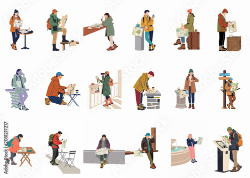 Collection of Illustrated Travelers Navigating with Paper Maps in Diverse Settings
