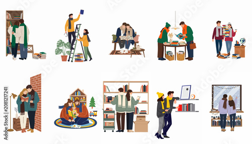 Flat vector illustration collection of cozy couples reading and shopping for books in winter attire, featuring bookshelves and libraries.