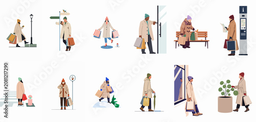 Collection of flat vector illustrations featuring diverse people in winter coats carrying shopping bags and walking through various urban city settings during holiday sales.