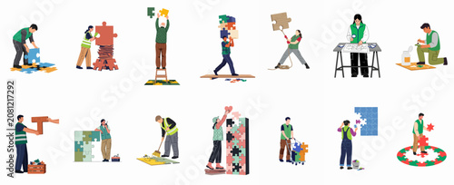 Set of worker characters working together with giant jigsaw puzzle pieces, symbolizing teamwork, problem-solving, construction, and collaborative effort in a professional setting.