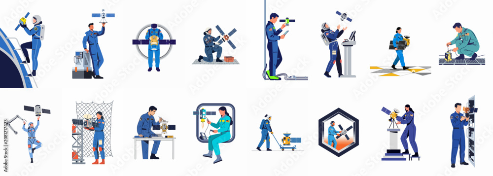 Fototapeta premium Set of diverse illustrations depicting aerospace engineers and astronauts working on satellite assembly, maintenance, and space exploration missions.