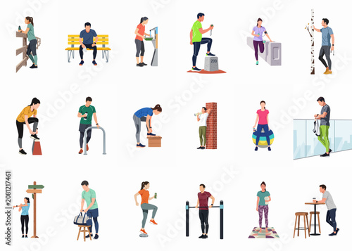 Diverse collection of flat vector illustrations showing people in various fitness, exercise, and outdoor activity poses for healthy lifestyle concepts.