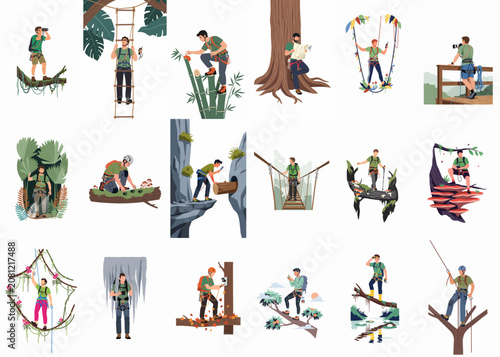 Flat vector illustrations of male adventurers, explorers, and researchers engaged in various outdoor activities across diverse jungle and forest landscapes.