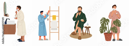 Set of flat vector illustrations of men in bathrobes performing their daily morning grooming and shaving routines in various bathroom and home settings