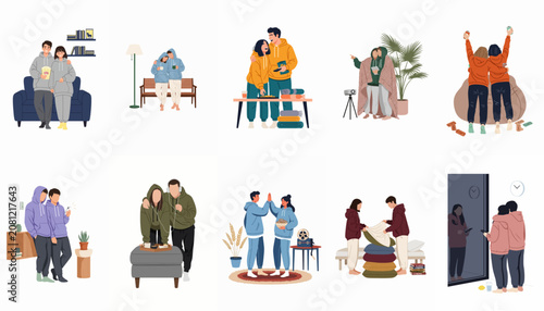 Set of flat vector illustrations depicting young couples enjoying cozy indoor activities together, wearing comfortable hoodies and loungewear at home.