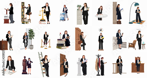 A comprehensive set of professional flat illustrations showing a female lawyer or business professional in various legal, office, and research-oriented environments.