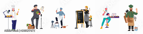 Collection of professional chefs and culinary experts creating various digital content including podcasts, videos, and blogs about cooking and food preparation.