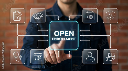Open enrollment concept with businessman touching screen and health icons