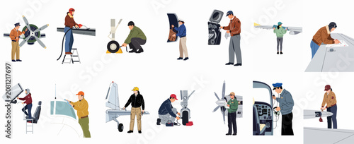 Comprehensive collection of illustrations showing pilots and mechanics performing pre-flight inspections and maintenance on light aircraft.