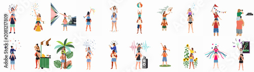 A comprehensive collection of vector illustrations showing diverse young people enjoying music festivals and outdoor summer activities while perched on someone's shoulders.