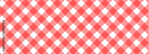 Red and white diagonal gingham or vichy pattern. Textile design. Traditional tablecloth, picnic plaid, basket napkin, towel or handkerchief print. Checkered background. Vector eps10
