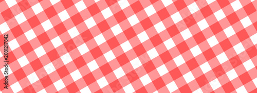 Red and white diagonal gingham or vichy pattern. Textile design. Traditional tablecloth, picnic plaid, basket napkin, towel or handkerchief print. Checkered background. Vector eps10