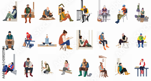 Collection of flat vector illustrations depicting people enjoying various relaxing outdoor activities and hobbies on porches in a cozy, hygge lifestyle theme.
